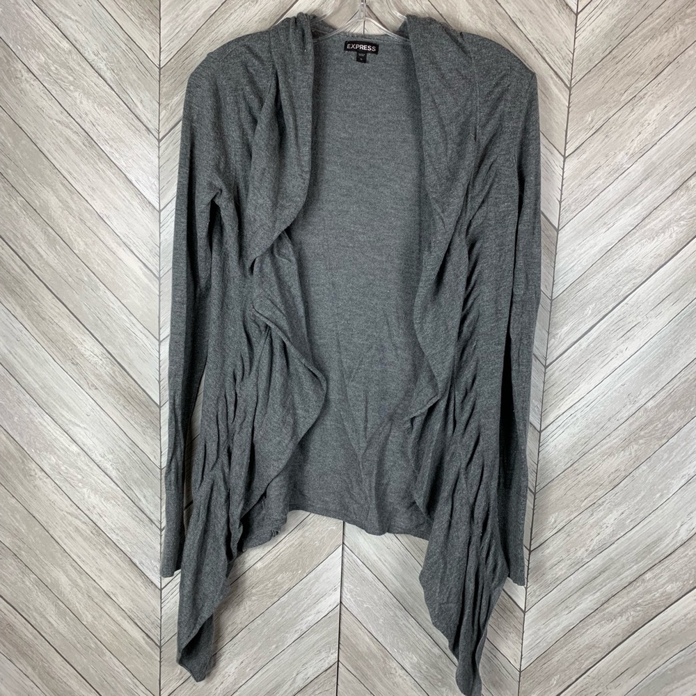 EXPRESS Medium Gray Ruffled Draped Waterfall Cashmere Blend Open Cardigan